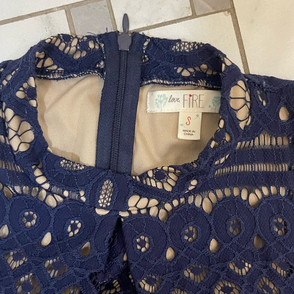 Love Fire Navy Blue and Tan Lace Overlay Fit and Flare Dress - Picture 3 of 4